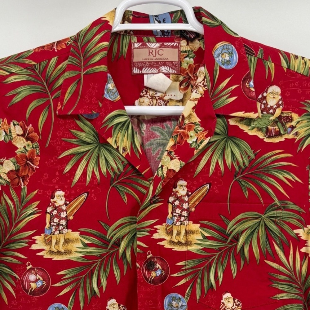 RJC Mens Red Surfing Santa Hawaiian Shirt L Christmas Aloha Cotton Made‎ in USA